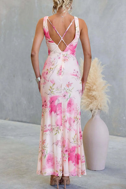 Floral Dreamy Draped Neck Mesh Wrap Dress