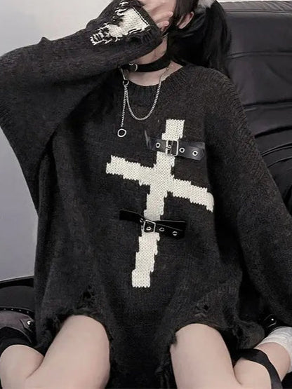 Harajuku Gothic Punk Cross Metal Buckle Loose Knit Sweater