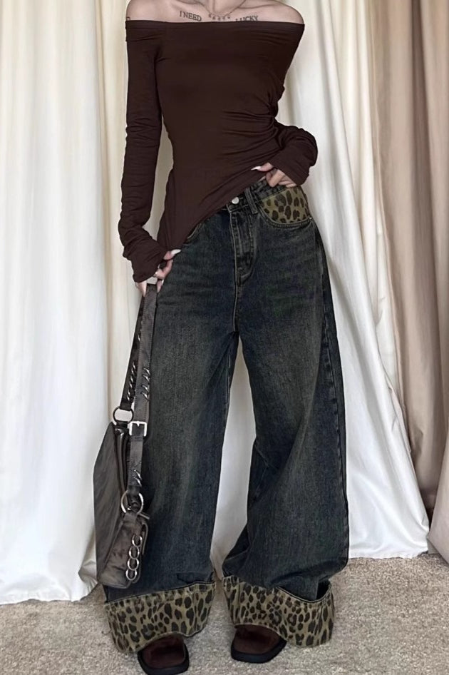 Patchwork Vintage Leopard Cuffed Wide Leg Jeans