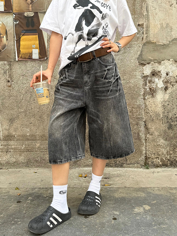 Vintage Washed Lightning Bolt Pattern Denim Shorts