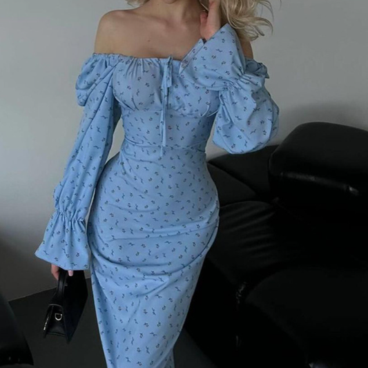 Long flared sleeve flower print self tie maxi dress  | Festival Outfits Women