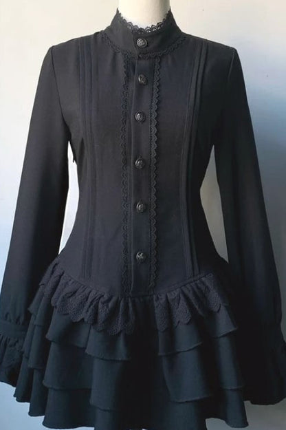 Dark Lace Patchwork Button Front Ruffle Mini Dress