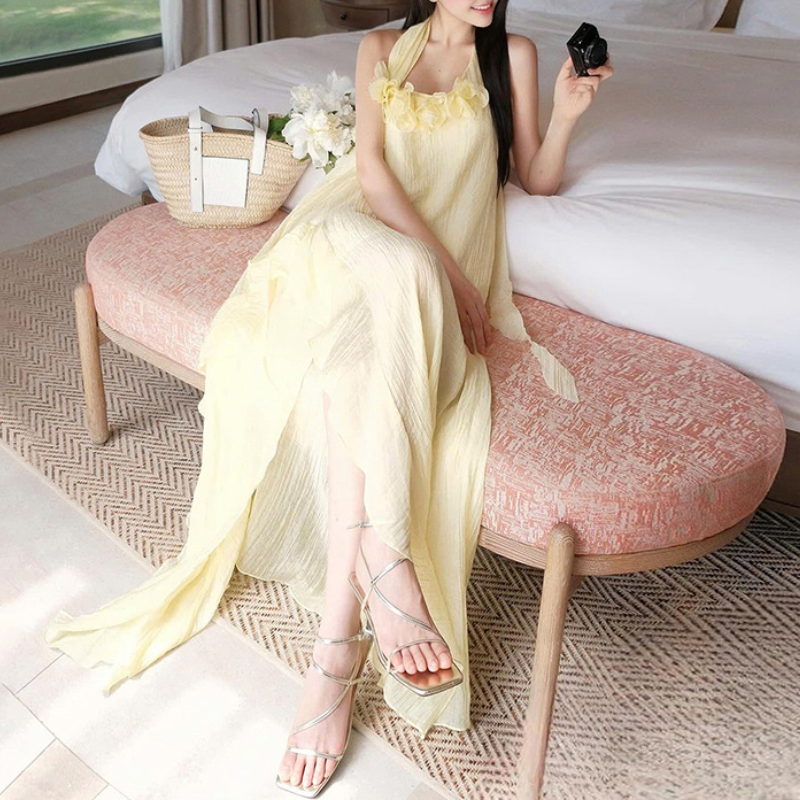 Halter flower applique textured irregular maxi dress  | Festival Outfits Women
