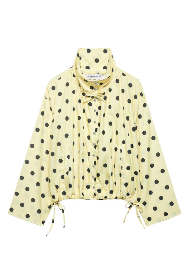 Polka Dot Print Loose Stand Collar Button Bow Tie Casual Long-sleeved Jacket