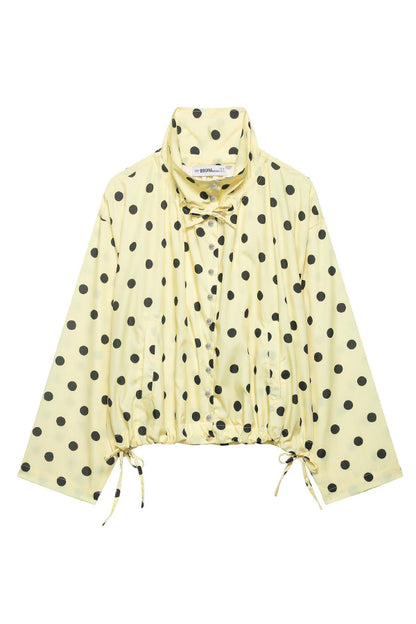 Polka Dot Print Loose Stand Collar Button Bow Tie Casual Long-sleeved Jacket