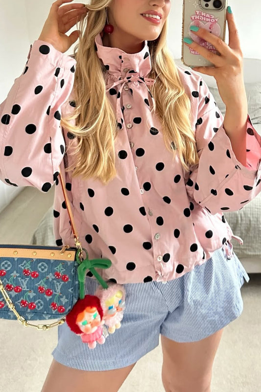 Polka Dot Print Loose Stand Collar Button Bow Tie Casual Long-sleeved Jacket