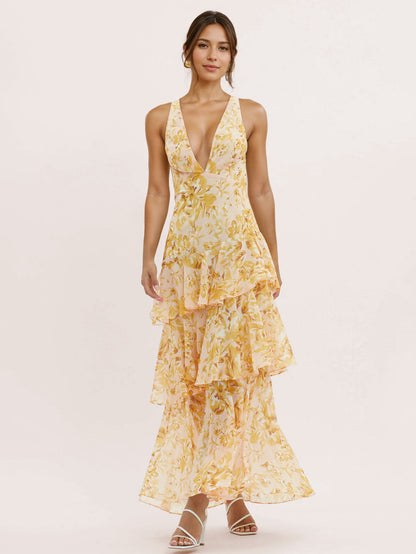 Floral Printed Layered Ruffle Long Dress With Deep V-Neck And Open Back 2026