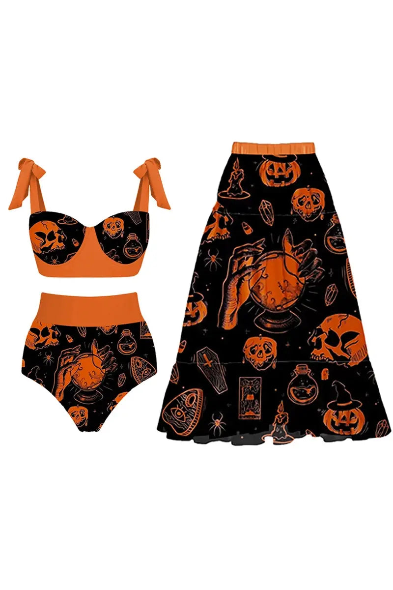 Conjunto de bikini con estampado de calavera y calabaza de Halloween