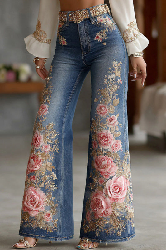 Floral Printed High-waisted Pocket Casual Flared Jeans