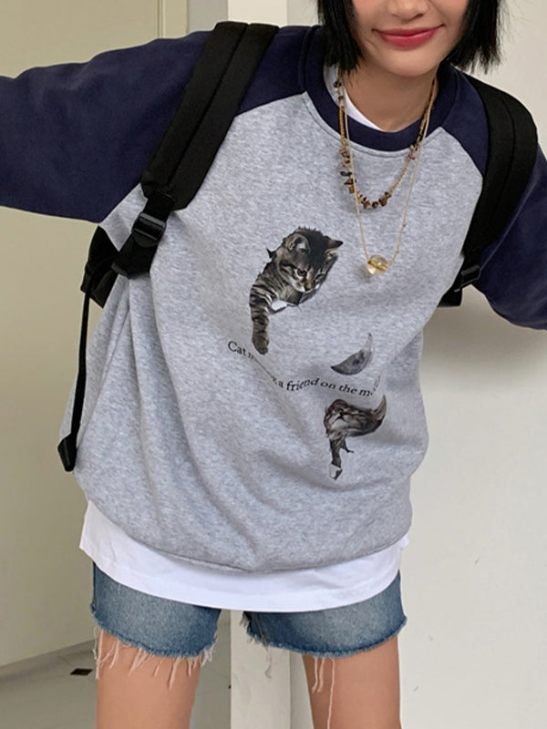 Cat Print Raglan Fleece Oversized Hoodie