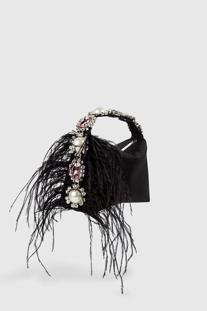 Bolsa bento de satén con plumas y diamantes