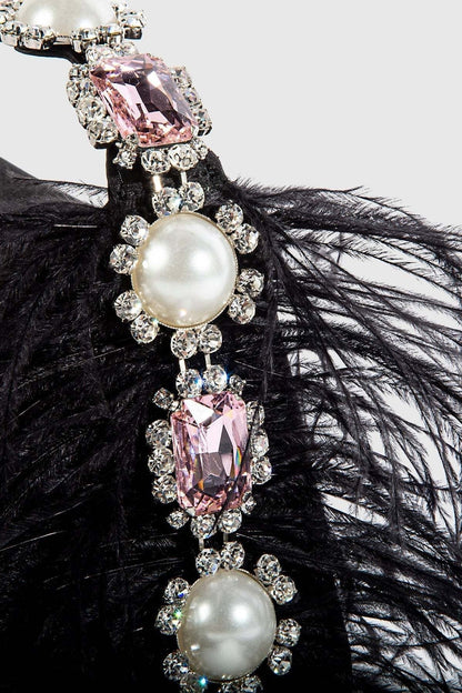 Bolsa bento de satén con plumas y diamantes