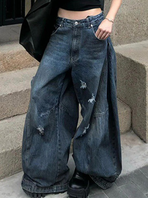 Retro Distressed Dirty Dyed Wide Legs Boyfriend Jeans