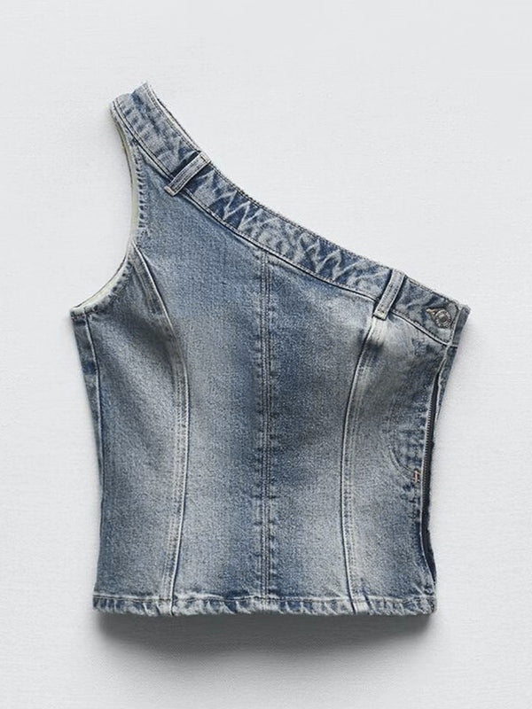 Vintage Denim One Shoulder Slim Bandeau Top