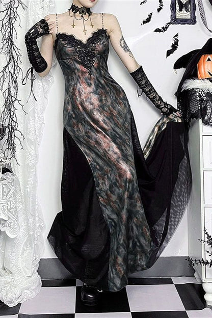 Gothic Tie Dye Flared Maxi Dress