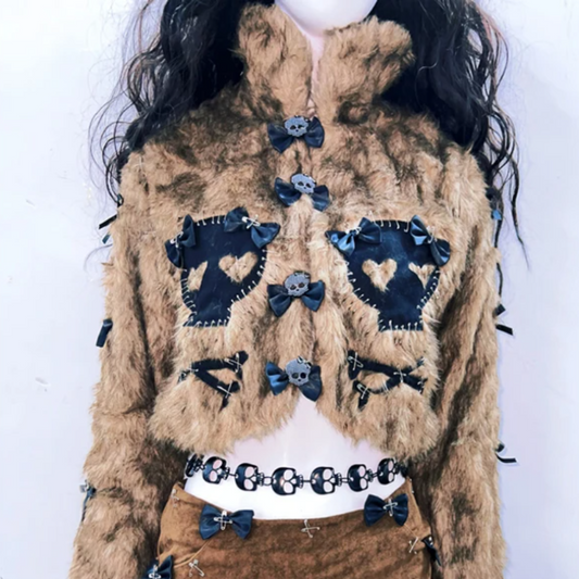 Fluffy long sleeve bowknot skull applique top | Festival Outfits Women
