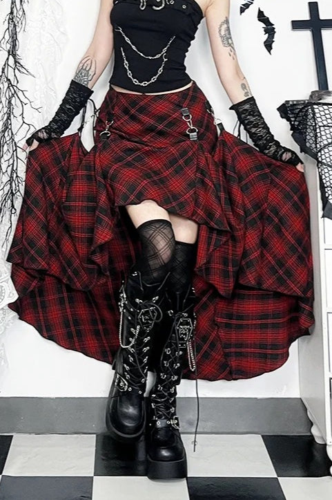 E-girl Red Plaid High Waist Grunge Irregular Skirt
