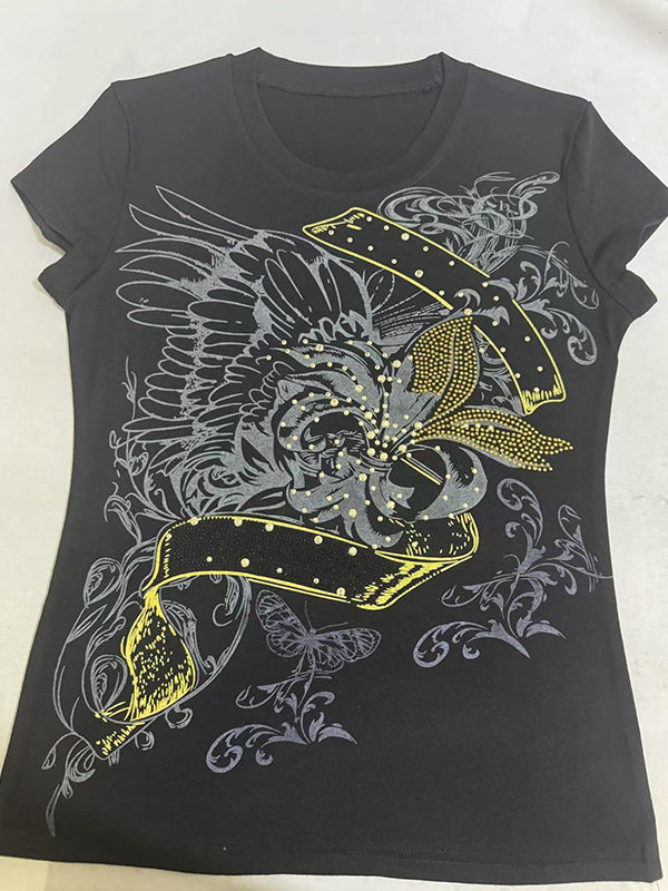 Vintage Printed Rhinestone Short Sleeve Tee