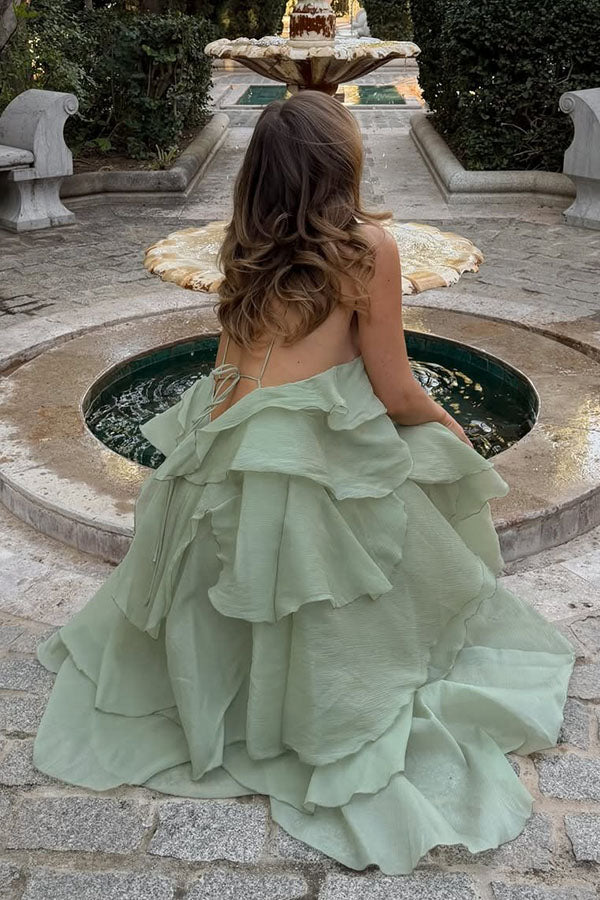 Romantic Summer Chiffon Tiered Ruffle Deep V-Back Halter A-line Maxi Design
