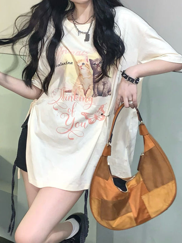 Cat Print Drawstring Oversized Short Sleeve Tee