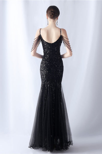Beaded Mesh Cocktail Maxi Dress