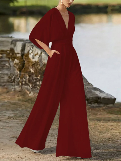 Women's Stylish V-Neck Wide-Leg Jumpsuit with Batwing Sleeves | Ideal for Spring/Summer
