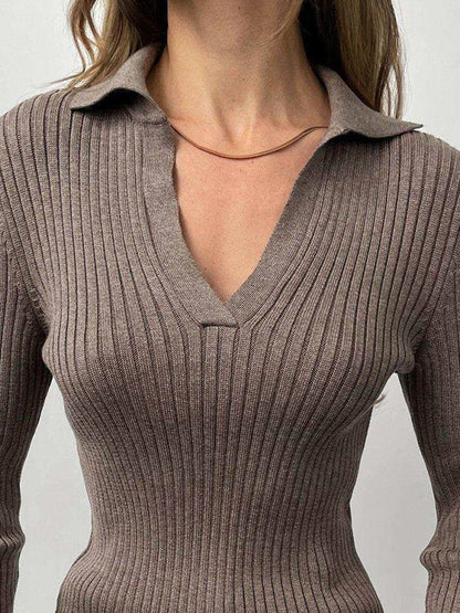 Solid Color Ribbed Polo Neck Sweater