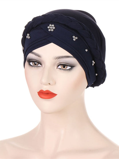 Multiple Colors Choice with Beads Women Muslim Braid Head Turban Wrap Cover Islamic Arab Cap Fashion Hair Loss Bonnet Beanies for Women