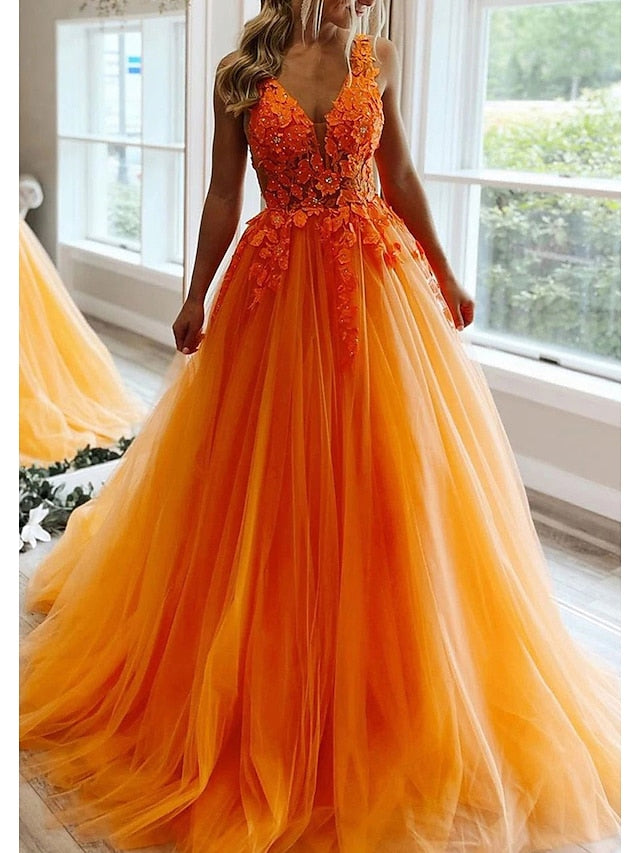 A-Line Prom Dresses Open Back Dress Formal Floor Length Sleeveless V Neck Tulle Backless with Pleats Beading Appliques 2023