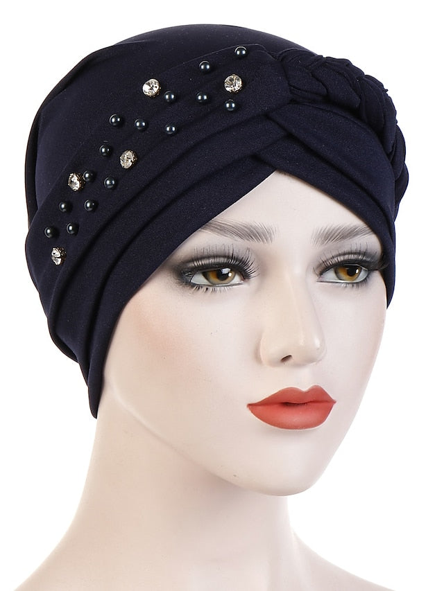 India Muslim Women Hijab Hat with Beads Turban Headscarf Islamic Head Wrap Lady Beanie Bonnet Hair Loss Cover for Women