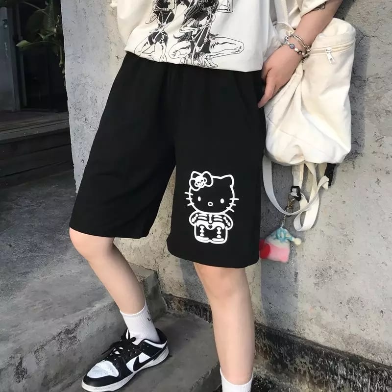 Cute Cat Kitty Cartoon Print Letter Loose Oversized Hip Hop Shorts Bottoms Punk Goth Aesthetic Casual Summer E-Girl Kawaii Korean Japanese Harajuku