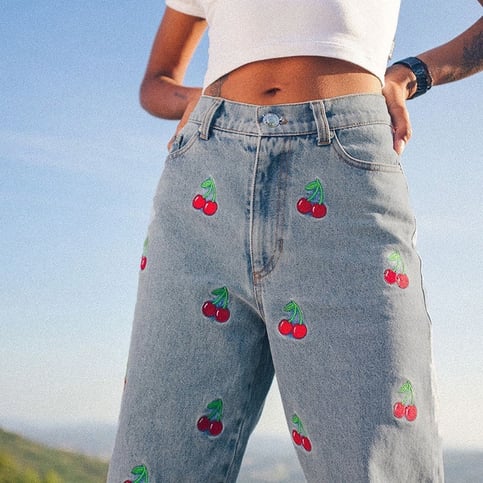 Cute Sweet Vintage Cherry Embroidery Light Washed Blue Denim Jeans High Waisted Cargo Slim Bottom E-Girl Kawaii Korean Japanese Harajuku Streetwear