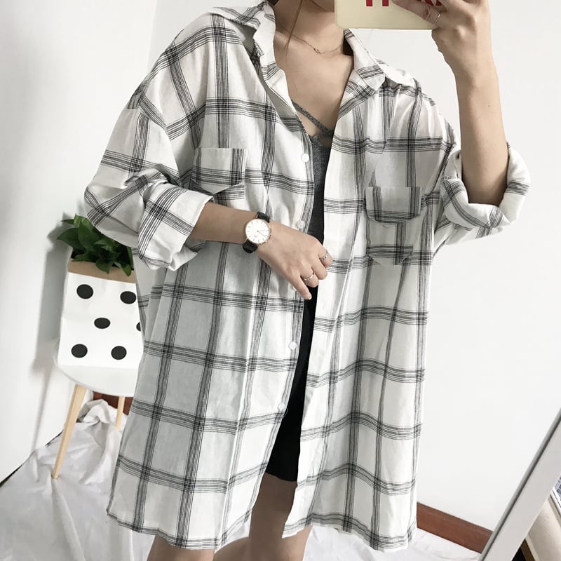 Cute Casual Plaid Flannel Loose Oversized Long Sleeve Shirt Top Boyfriend Baggy E-Girl Kawaii Korean Japanese Harajuku Retro Streetwear