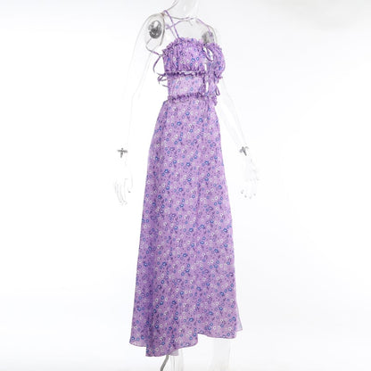 Purple Floral Ruched Satin Slip Maxi Dress