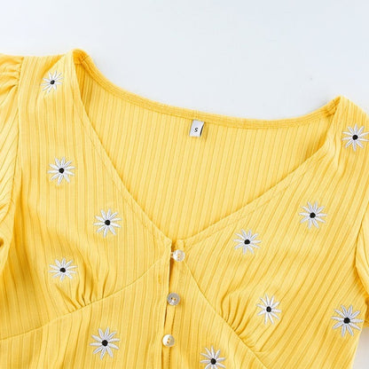 Cute Yellow Flower Embroidery Button V Neck Short Sleeve Shirt Crop Top Cardigan Summer Aesthetic E-Girl Kawaii Korean Japanese Harajuku Streetwear