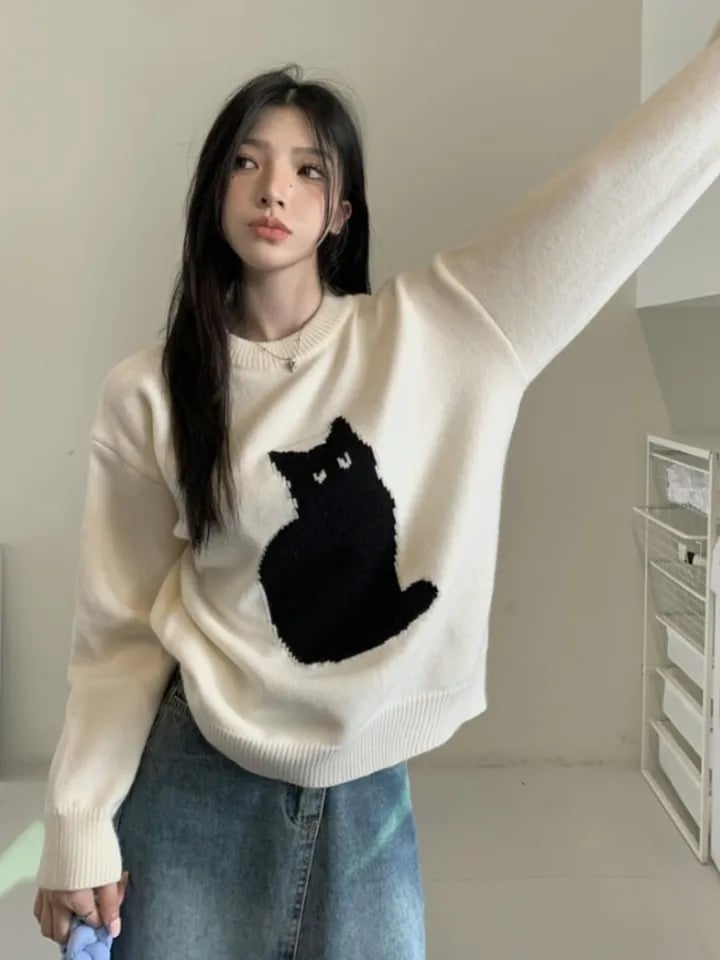 Black Cat Print Long Sleeve Sweater
