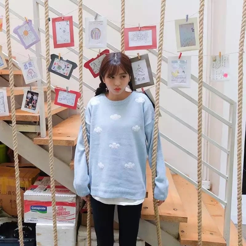 Cute Pastel Cloud Winter Autumn Loose Oversized Casual Knit Sweater Sweatshirt Pullover Jumper Shirt E-Girl Kawaii Korean Japanese Harajuku Streetwear
