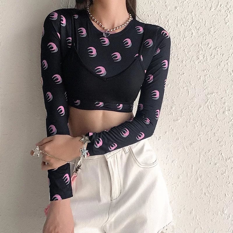 Cute Sexy 2pcs Moon Print Long Sleeve T-shirt Crop Top With Bra Camisole Summer Aesthetic Casual E-Girl Kawaii Korean Japanese Harajuku