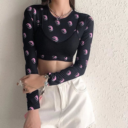 Cute Sexy 2pcs Moon Print Long Sleeve T-shirt Crop Top With Bra Camisole Summer Aesthetic Casual E-Girl Kawaii Korean Japanese Harajuku