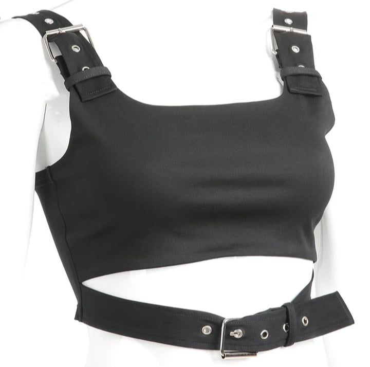 Cute Black Buckle Belt Tank Crop Top Sleeveless Shirt Camisole Bustier Corset Punk Goth Summer Aesthetic E-Girl Kawaii Korean Japanese Harajuku