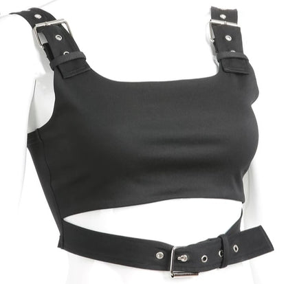 Cute Black Buckle Belt Tank Crop Top Sleeveless Shirt Camisole Bustier Corset Punk Goth Summer Aesthetic E-Girl Kawaii Korean Japanese Harajuku