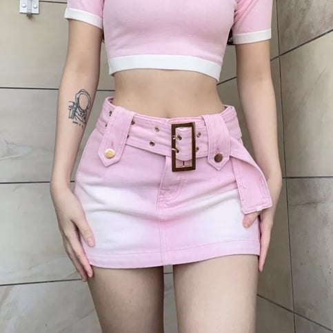 Pink Denim Low Waist Belt A-Line Skirt