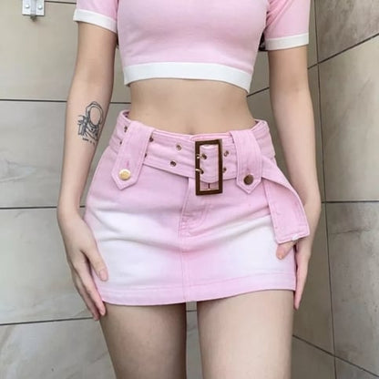Pink Denim Low Waist Belt A-Line Skirt