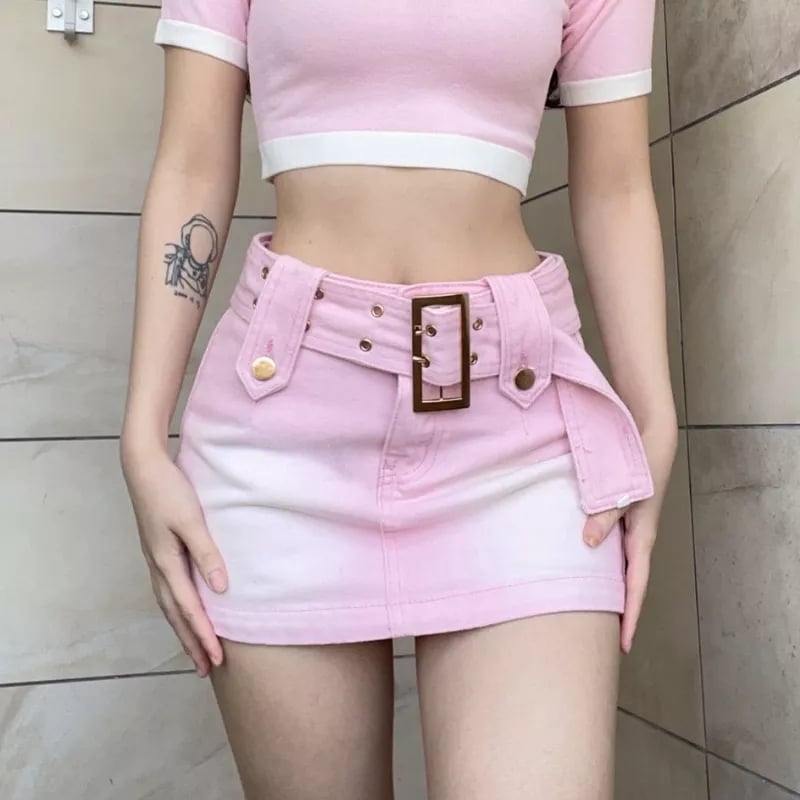 Pink Denim Low Waist Belt A-Line Skirt