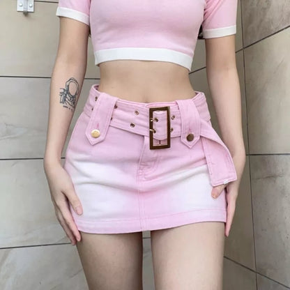 Pink Denim Low Waist Belt A-Line Skirt
