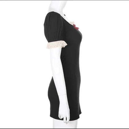 Cute Summer Square Neck Lace Patchwork Elegant Bodycon Short Sleeve Mini Dress Aesthetic Casual E-Girl Kawaii Korean Japanese Harajuku