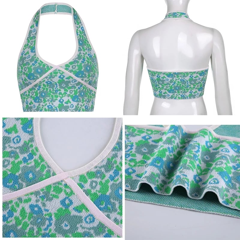 Cute Sexy Floral Halter Patchwork Knit Tank Crop Top Vintage Beach Aesthetic Casual Summer E-Girl Kawaii Korean Japanese Harajuku Stree