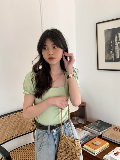 Green Puff Sleeve Square Collar Top