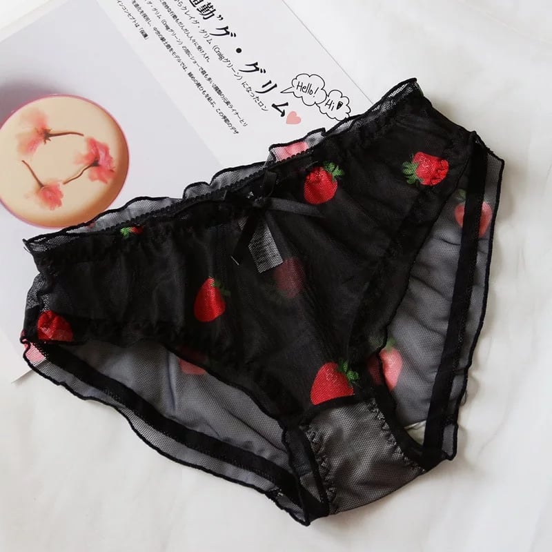 Cute Strawberry Print Ruffles Lace Brief Underwear Panties Lingerie Aesthetic Casual Summer E-Girl Kawaii Korean Japanese Harajuku