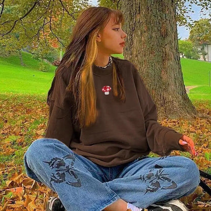Cute Brown Mushroom Embroidery 90s Vintage Crew Neck Sweater Sweatshirt Hoodie Long Sleeve Aesthetic E-Girl Kawaii Korean Japanese Harajuku Streetwear